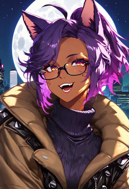 score_9_up, score_8_up, score_7_up, very detailed, cute catgirl, cute pose, catgirl ears, tanned skin, dark skin, titanium framed glasses, bright neon purple hair, ponytail hair, short hair, ahoge hair, sly smile, open mouth, starry jewelrey, baggy sweater, oversized sweater, Dark Red Turtleneck sweater, black leather coat over sweater, studded coat, spiked coat, night time, cyberpunk city in background, moon, solo focus on face, from torso up, detailed face, best detail, (best quality:1.5), masterpiece, (high resolution:1.5)
ng_deepnegative_v1_75t, OverallDetail, , Expressiveh