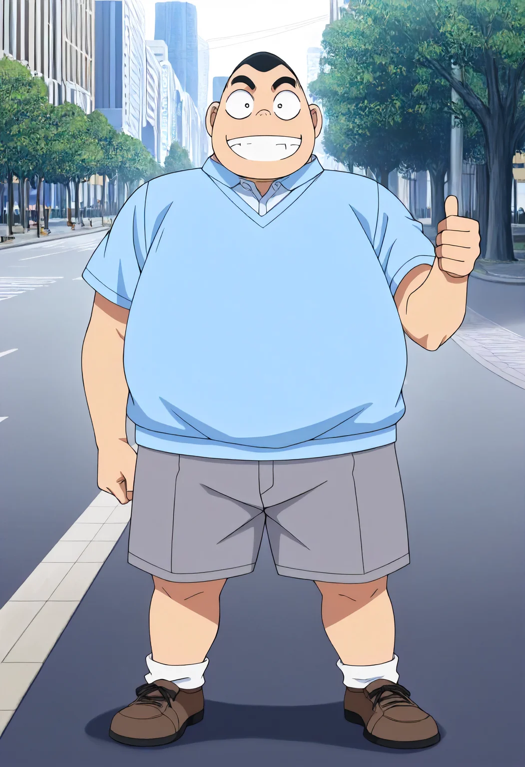 masterpiece, best quality, amazing quality, very aesthetic, absurdres, newest, scenery, volumetric lighting, ultra detailed,
1boy, Genta Kojima, male focus, solo, shaved, black hair, fat, anime screencap,
blue shirt, grey shorts, brown shoes, full body,
standing, looking at viewer, grinning, thumbs up,
outdoors, city street, park, detailed background,
<lora:Genta_Kojima_-_Detective_Conan_-_Illustrious:1>
masterpiece, best quality, amazing quality, very aesthetic, absurdres, newest, scenery, volumetric lighting, ultra detailed,
