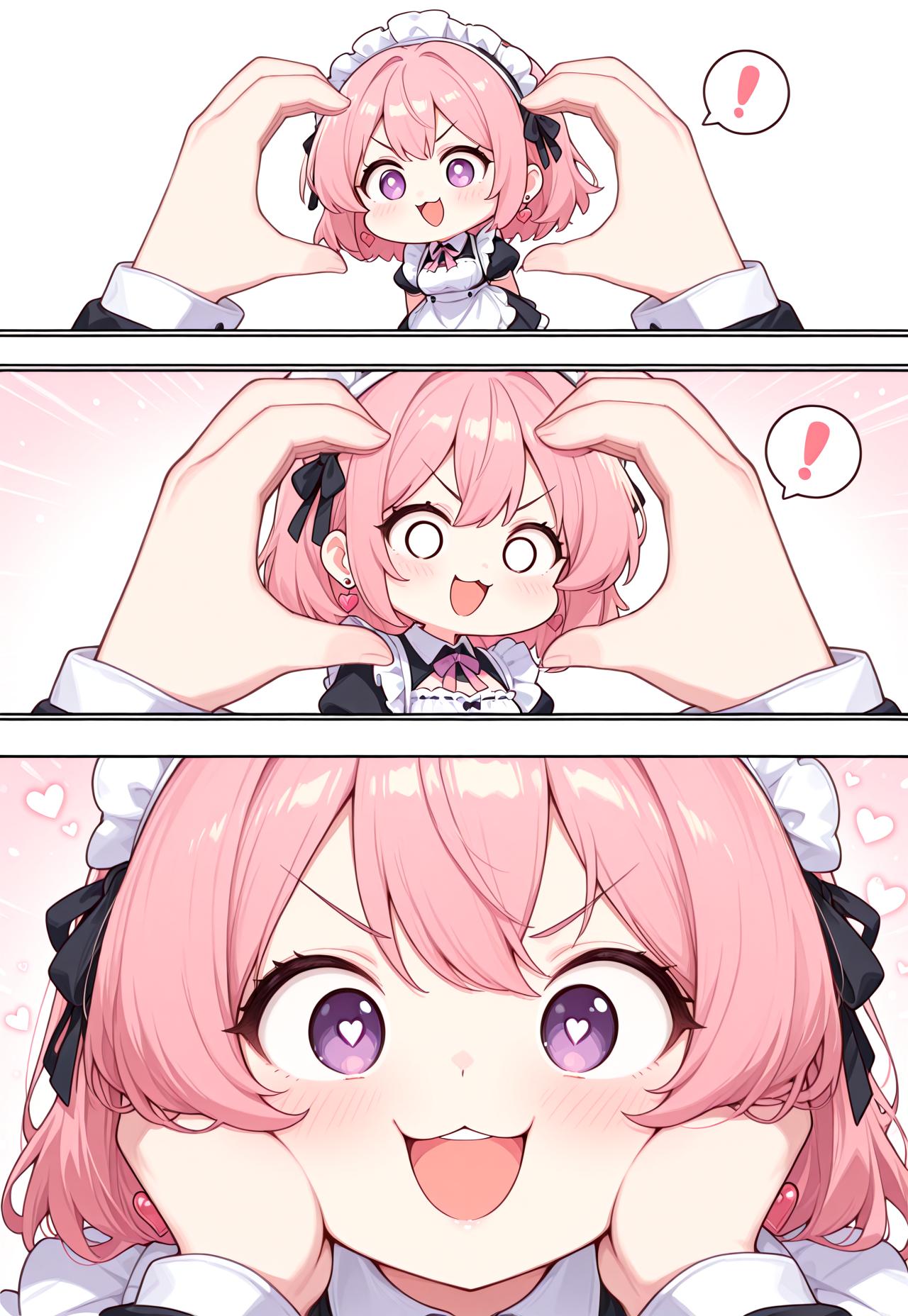 absurdres, masterpiece, 1girl, anime girl, solo, BREAK, CivChan, purple eyes, pink hair, BREAK, heart earrings, BREAK, maid headband, BREAK, snootchallenge, 3koma, chibi, comic, 1girl, 1other, blush, :3, :d, smile, open mouth, v-shaped eyebrows, looking at viewer, heart, upper teeth only, teeth, spoken exclamation mark, !, o o, pov, pov hands, heart hands, hands on another's face, hands on another's cheeks, out of frame, simple background,