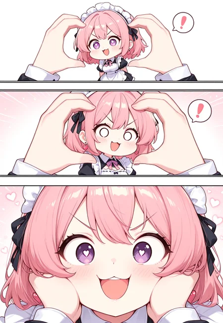 absurdres, masterpiece, 1girl, anime girl, solo, BREAK, CivChan, purple eyes, pink hair, BREAK, heart earrings, BREAK, maid headband, BREAK, snootchallenge, 3koma, chibi, comic, 1girl, 1other, blush, :3, :d, smile, open mouth, v-shaped eyebrows, looking at viewer, heart, upper teeth only, teeth, spoken exclamation mark, !, o o, pov, pov hands, heart hands, hands on another's face, hands on another's cheeks, out of frame, simple background,