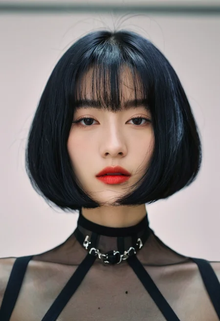 a woman named artgravia, face close-up, solo, black hair, parted lips, looking at viewer, lips, portrait, teeth, mole, bare shoulders, choker, bangs, mole under eye, blurry, medium hair, short hair, nose, indoors, red lips
<lora:artgravia model-SDXL-V5:0.8>,