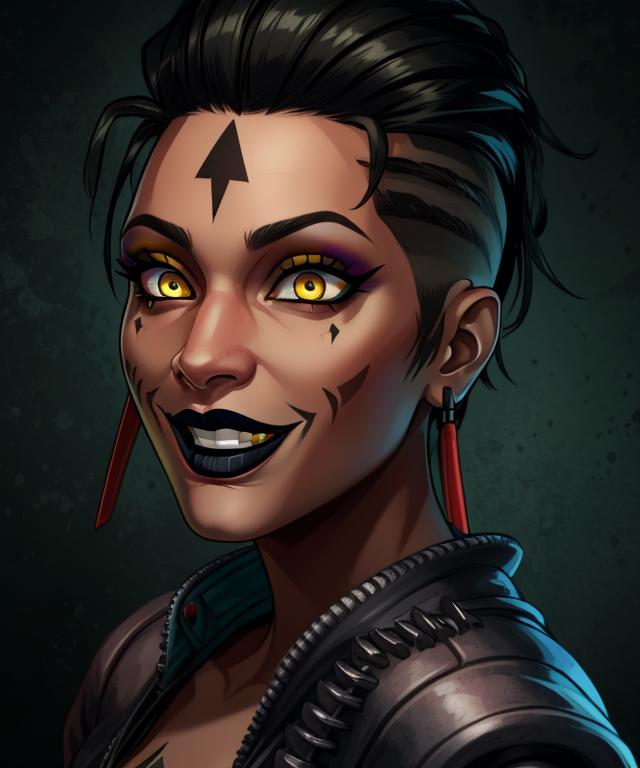 MadMaggie, hair slicked back,  yellow eyes, black lips,makeup,eyeshadow, black nails, right cheek facial tattoo ,  solo, upper body,   standing,  crazy eyes, crazy smile, 
prison,  dark,  bars, 
(insanely detailed, beautiful detailed face, masterpiece, best quality)  <lora:Maggie-10V2:0.8> <lora:Crazy_ExpressionsV2:0.6>