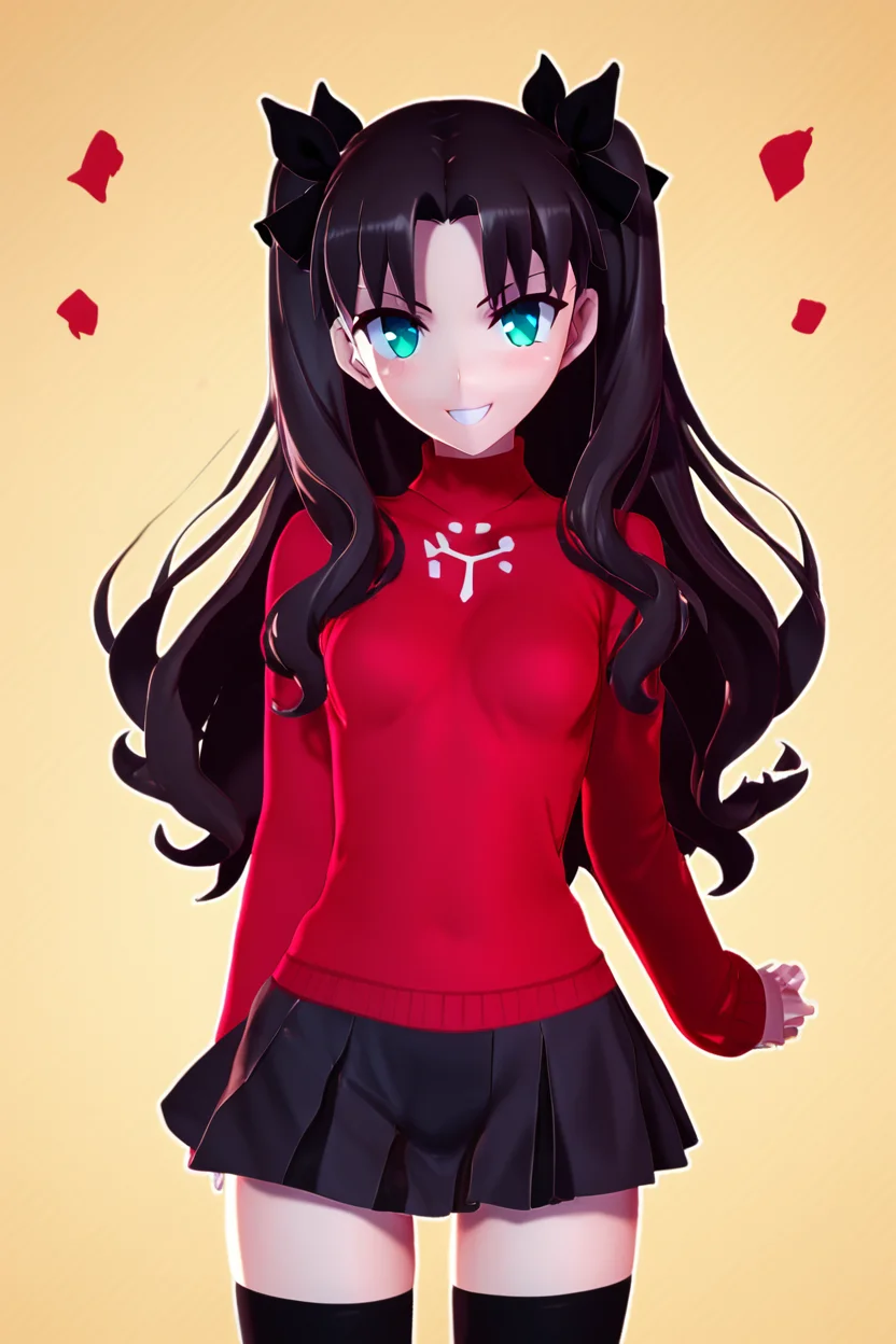 score_9, score_8_up, score_8, medium breasts, (curvy), cute, eyelashes, BREAK, , BREAK, <lora:rin-tohsaka-ubw-ponyxl-lora-nochekaiser:0.8>, rin tohsaka, aqua eyes, black hair, hair ribbon, long hair, ribbon, sidelocks, two side up, positive:BREAK, parted bangs, black skirt, black thighhighs, long sleeves, miniskirt, pleated skirt, red sweater, skirt, sweater, thighhighs, turtleneck,, <lora:Zy0n7_PDXL:1.0>, , BREAK, smile, looking at viewer, cowboy shot, embedding:zPDXL, Expressiveh, <lora:SDXLFaeTastic2400:0.5>, <lora:Expressive_H-000001:0.4>,