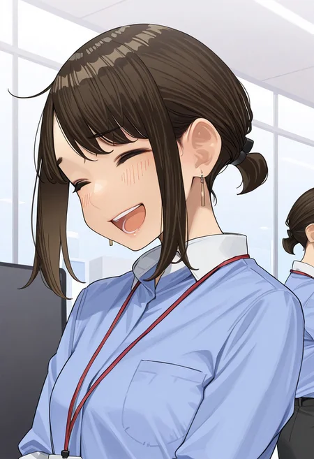 woman, douki-chan_(douki-chan), brown hair, hair tie, sidelocks, brown eyes, earrings, office worker uniform, standing, laughing, eyes closed, office room, alone, high quality, best quality, masterpiece, 4k resolution, anime