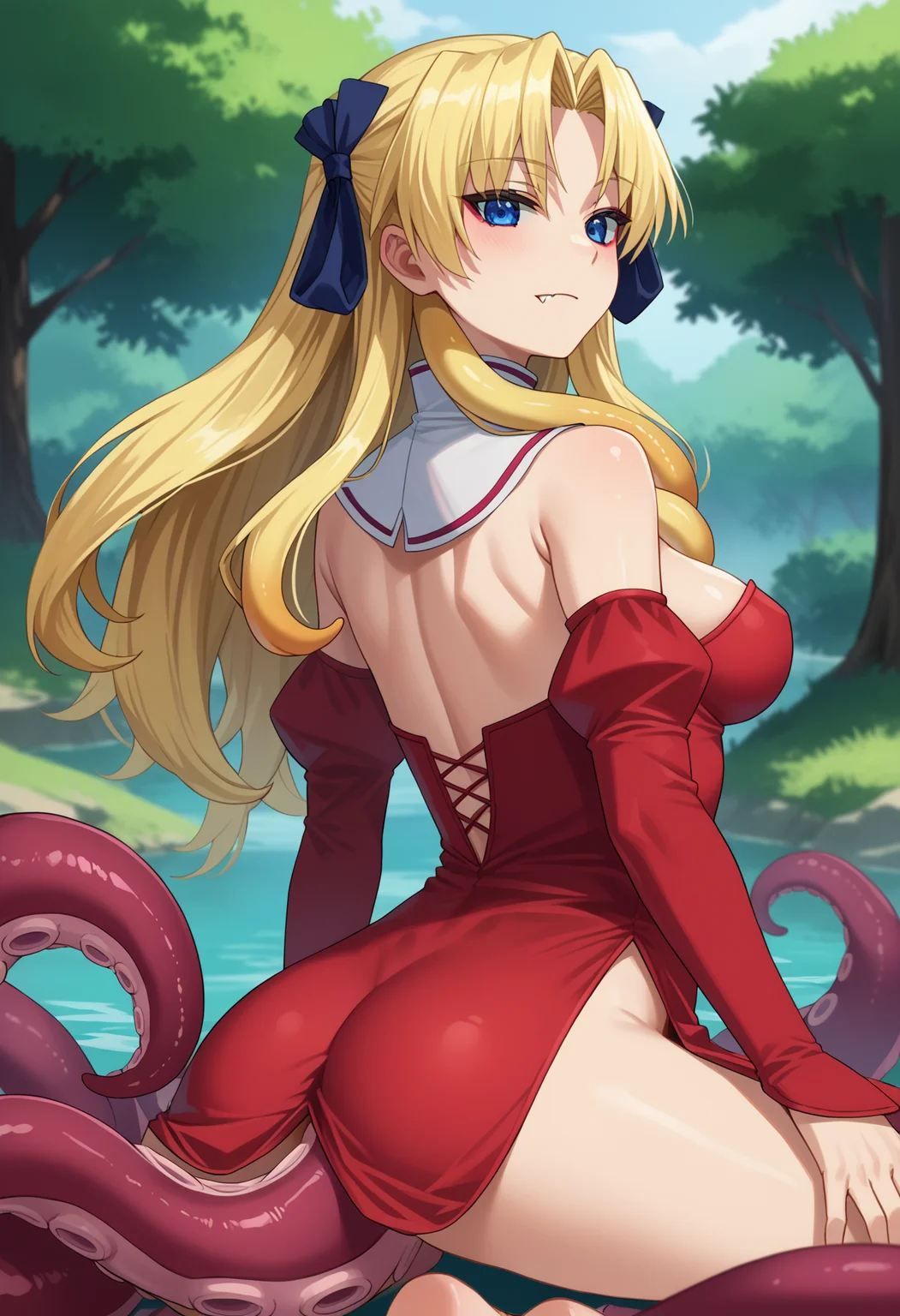 score_9, score_8_up, score_7_up, source_anime, rating_explicit,
BREAK
<lora:shiTentV1:1>,
shihybridcle, tentacle girl, tentacles, tentacle hair, colored sclera, fang, monster girl, suction cups, scylla,
1girl, solo,
<lora:shiCampEricaV1:0.9> shiericadress, long hair, blonde hair, blue eyes, hair ribbon, long sleeves, red dress, cleavage, bare shoulders, detached sleeves, detached collar, frills,
kneeling, from behind, ass, ass focus,
outdoors,