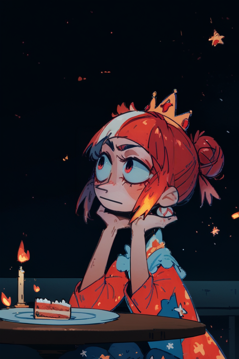 score_9, score_8_up, score_7_up, 1girl, solo, at the table, night, starry sky,  Firebrick heart hair bun, hands at chin, <lora:smr03_pony-5:1>, smr03, pointy nose, outdooors, comet in the sky, plate with little cake and one candle, crown