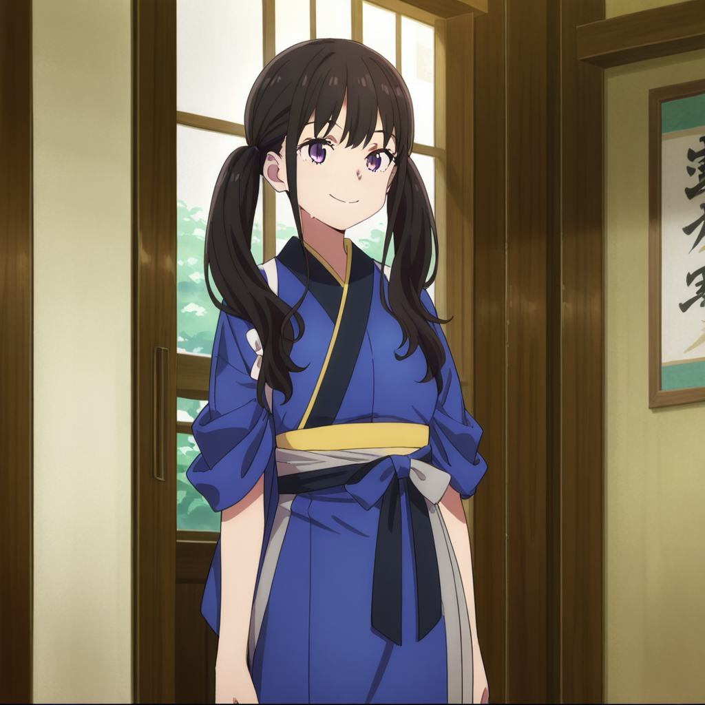 nsfw, masterpiece,best quality,amazing quality,1girl, solo, standing, lycoris_recoil_takina_lnoue, smile, twintails, black hair, japanese clothes, blue kimono, purple eyes, bangs, long hair, indoors, tasuki, <lora:Takina_Inoue_-_Lycoris_Recoil:0.7>