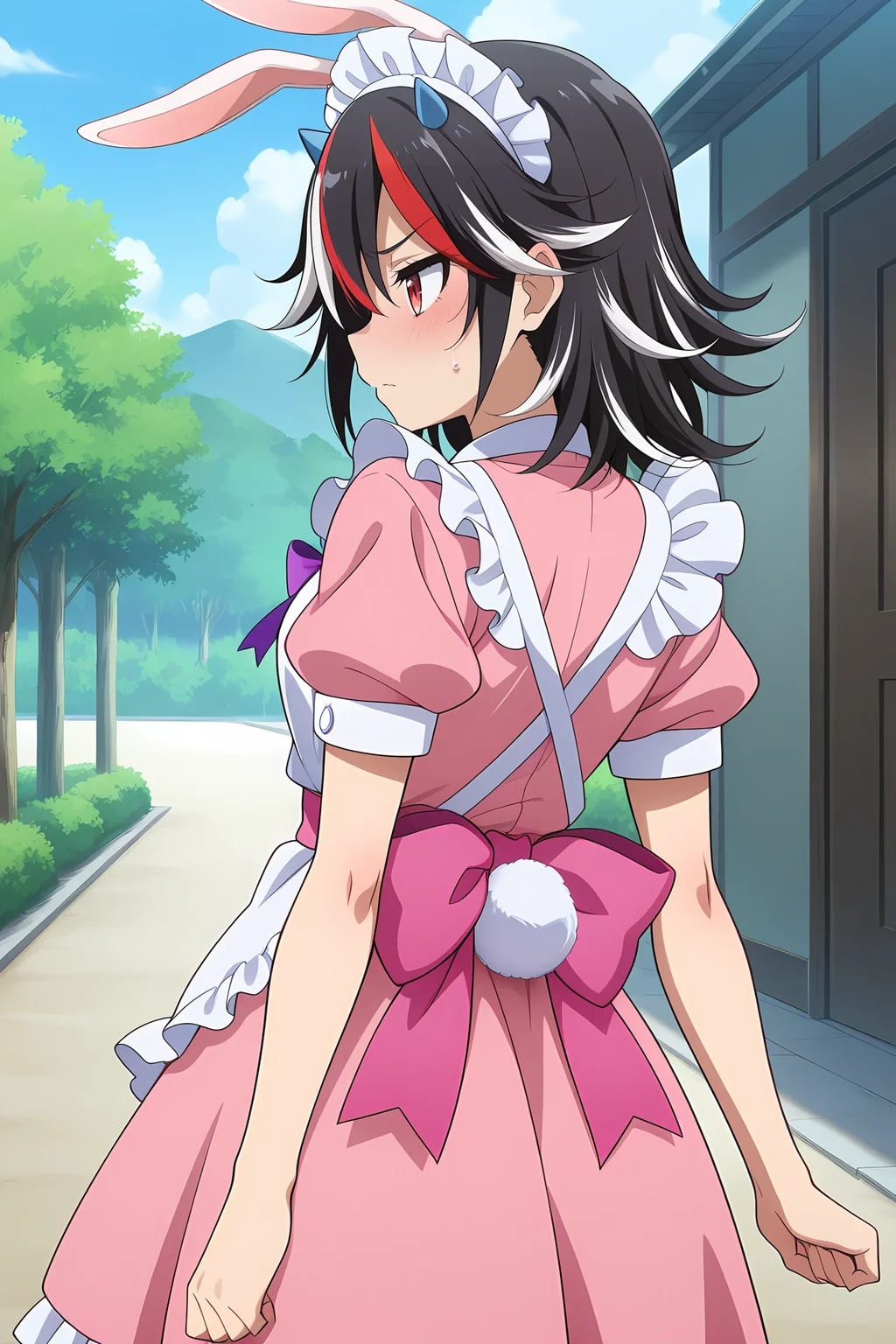 absurdres, highres, masterpiece, best quality, amazing quality, official anime artwork, screencap, anime screencap, outdoors,
<lora:Seija-Kijin_Illustrious:1> kijin seija, 1girl, solo, red eyes, black hair, multicolored hair, streaked hair, horns,, kijin seija \(rebellious maid\), alternate costume, animal ears, rabbit ears, cone horns, maid, maid headdress, pink dress, short sleeves, puffy sleeves, pink bow, pink back bow, pink ribbon, apron, white apron, frills, rabbit tail,