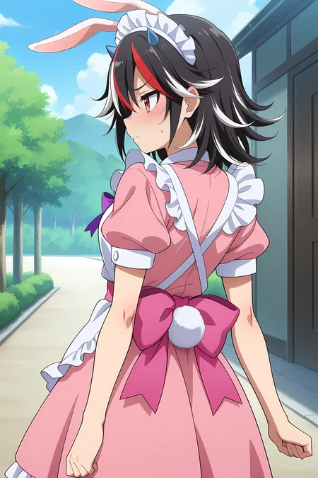 absurdres, highres, masterpiece, best quality, amazing quality, official anime artwork, screencap, anime screencap, outdoors,
<lora:Seija-Kijin_Illustrious:1> kijin seija, 1girl, solo, red eyes, black hair, multicolored hair, streaked hair, horns,, kijin seija \(rebellious maid\), alternate costume, animal ears, rabbit ears,  cone horns, maid, maid headdress, pink dress, short sleeves, puffy sleeves, pink bow, pink back bow, pink ribbon, apron, white apron, frills, rabbit tail,