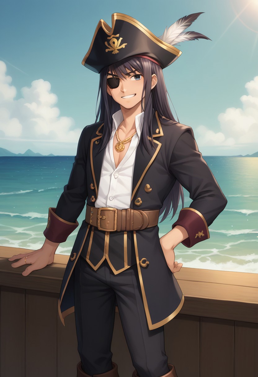 score_9, score_8_up, score_7_up, source_anime, highly detailed, 
lowell, 1boy, male focus, solo, black hair, long hair, black eyes, pirate, pirate hat, hat feather, eyepatch, shirt, white shirt, jacket, black jacket, belt, pants, black pants, boots, knee boots, brown footwear, jewelry, ring, necklace, smile, grin
outdoor, sky,ocean,