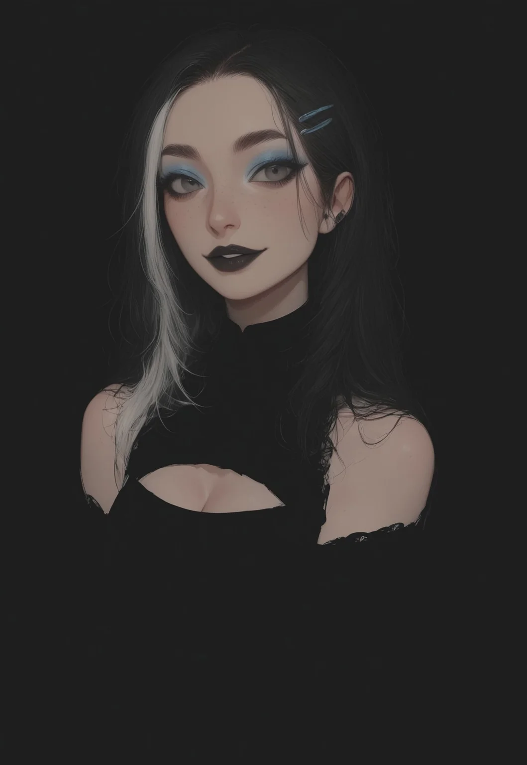 (Blend_in, black background), score_9, score_8_up, score_7_up, masterpiece, best quality, absurdres, vibrant, highly detailed, very aesthetic, sidelightning, (portrait, close-up, focus on face), 1girl, Ally, beautiful, flawless, perfect face, grey eyes, (goth girl, black lace outfit, black low cut silk blouse, cleavage cutout, cleavage, lace-trimmed clothes), bare shoulders, goth outfit, hair clips, black hair with white highlights, freckles, blue eyeshadow, black lipstick, smile, parted lips, looking at viewer