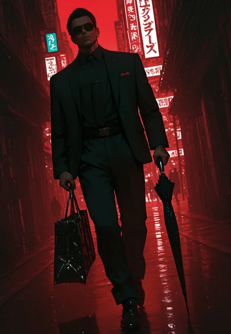 masterpiece, best quality,high quality, newest, highres,8K,HDR, absurdres, modern, newest, realistic, gold, black, red, ((male focus)), 1boy, rich, walking, adult, (thin, cute, sweet), masculine, looking at viewer, mouth slightly open, holding a closed umbrella in one arm, sunglasses, black suit, black shirt, black belts, black shoes, realistic skin, detailed tattoo, outside, frontline, dynamic angle, dynamic angle, dynamic pose, dynamic lighting, intricate, a lot of details, urban, soft, high-contrast, colorful
