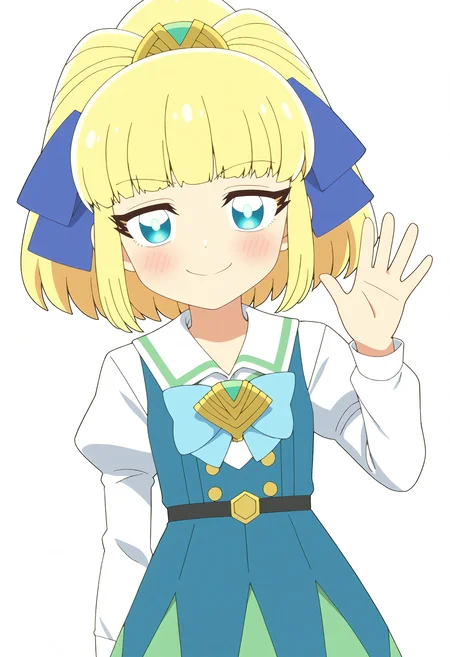 <lora:Hyper-SDXL-8steps-lora:1> <lora:Fixhands_anime_bdsqlsz_V1:1> zPDXL2, score_9, score_8_up, score_7_up, masterpiece, best quality, absurdres, high resolution, 8k, official art, official style, source_anime, uncensored, anime screencap, anime coloring, megami magazine, (ai-generated:0.6),
front view, little smile, closed mouth, standing, facing viewer, cowboy shot, looking at viewer, waving,
(white background:1.5), 1girl, (blush:-1.2) <lora:LECO-white_background_XL(pony)v10:-5>
<lora:PKS-okanega_arisu_XL(pony)v10:1> okanega_arisu, blonde hair, ponytail, hair ribbon, hair ornament, aqua eyes, aqua dress, white sleeves, bowtie, thighhighs, brown shoes,