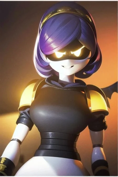 Robot, drone, tall slender person, athletic, pale skin, white skin, slight muscular, ((full body)),
short hair, blonde hair, 
yellow eyes,
crazy smile,
robotic face,
yellow interface,
round face, pronounced facial features,
demonic wings, sharp teeth, claws, yellow white red colors,
white tight shirt, open shoulder, sleeves,  white gloves, white tight pants, tight clothe,
shoulder armor, armor skirt, red crest symbol,
metal bracelets, metal boots, high boots,
looking at viewer, angry, intimidating gaze,
purple aura,
battlefield on background,
drawing style,
dynamic light, 
ultra detail,
extremely detailed CG, 
micro intricate, 
highly detailed skin,
highly detailed face, 
highly detailed pupils, 
highly detailed iris, 
RAW photo, 
best quality, 
high resolution,
((masterpiece)),
realistic,
sharp focus, 
HDR, 8K resolution,
intricate detail, 
sophisticated detail, 
hyper detailed,
(depth of field), 
highlight and shadow,
volumetric lighting,
highly detailed background,
by Kentaro Miura:1.1,
comicbookpencils:0.9,
greyscale(line art:1.1)