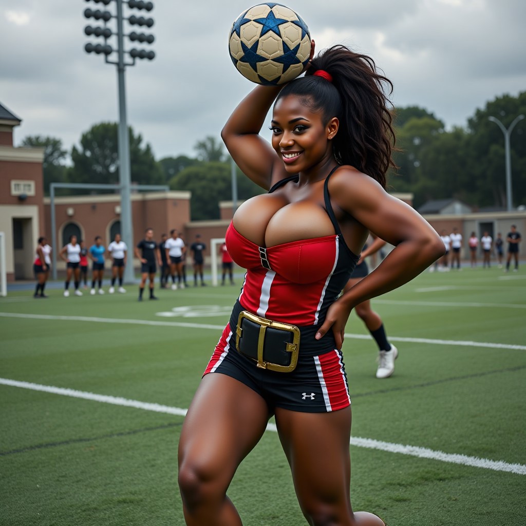 An extreme close-up of her perfect face+++. Huge breasts+++++. (Breasts:1.5). Sexy long legs+++ and black tennis shoes+++. Holding a Soccer ball above her head+++. A Profile+++++ side+++ view+++ shot of the happy+++ smiling+++ beautiful face+++ of a busty+++++ Ebony+++ bimbo in her open unbuttoned Soccer+++ cheerleader+++ uniform. Up close and personal. She is looking at viewer+++. BREAK She is playing football, standing in the endzone of a soccer football field, with her huge cleavage bursting and popping out of her cheerleader uniform, as she raises the football+++ above her head in victorious celebration. Torpedo. Huge torpedo breasts.