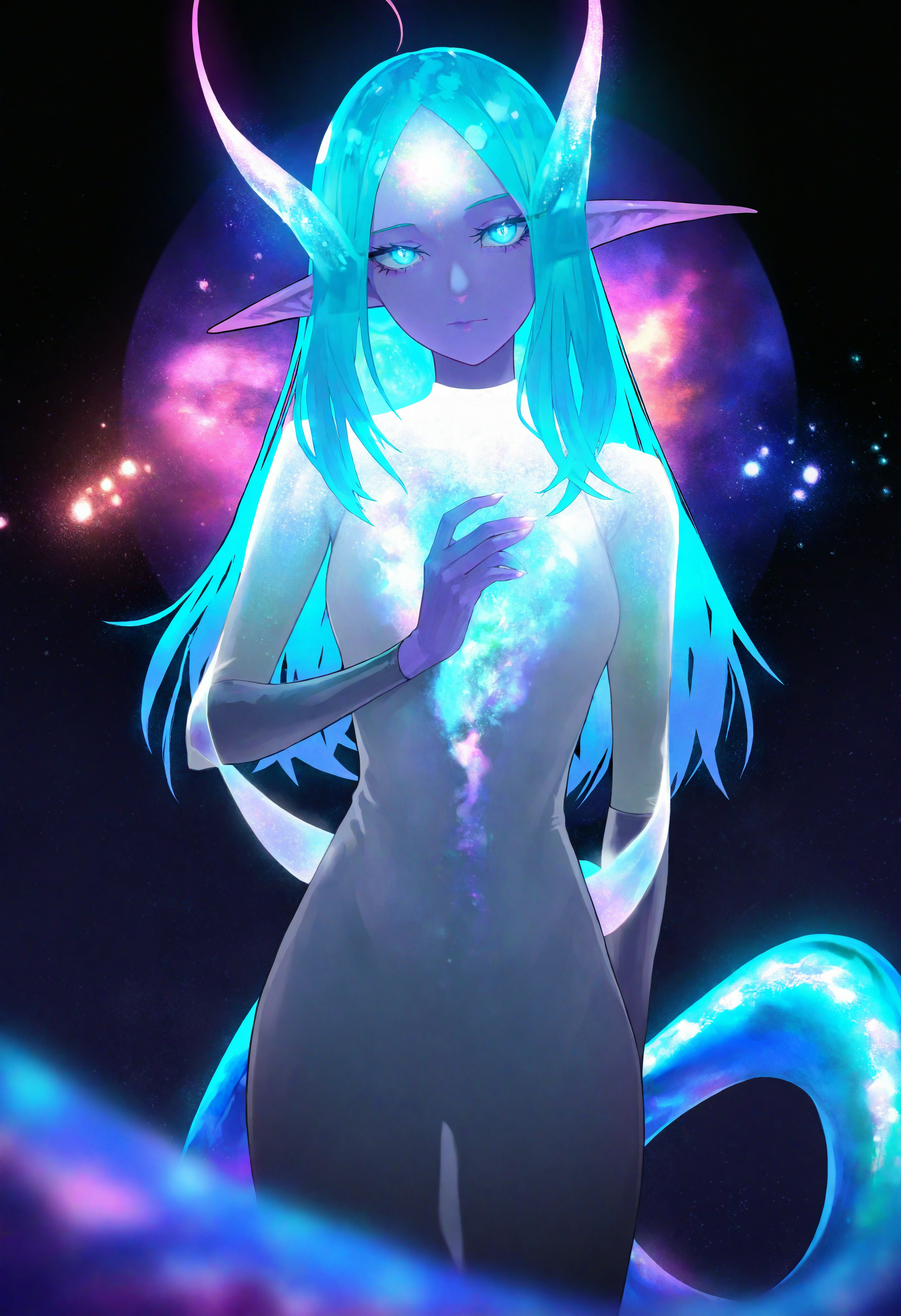 bioluminescence, artist:[ekrea jan|diyokama|say hana|lam \(ramdayo\)],
ultraviolet, silhouette, closed mouth, double exposure, iridescent nebula galaxy, ethereal glow, bloom, hdr, blue glow, looking at viewer, orions belt, see-through, tail, blue eyes, blue glow, blue hair, glowing, monster girl, see-through silhouette, pointy ears, 
masterpeice, best quality, very aesthetic, absurdres
<lora:noobai_vpred_1_aqm_complete_v3:1>