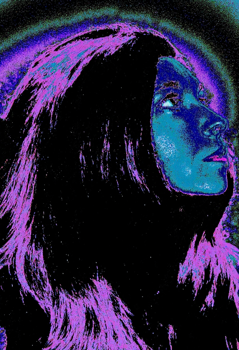 Circuit-bent/glitch art photograph showing upward-facing profile view of woman in an indeterminate setting, high-contrast lighting, visible shoulder-length hair, upward gaze, introspective mood, sad expression, dark indefinite background, color inversion effect, dominant purple and cyan palette, swirling pattern distortions, moderate digital corruption, (horizontal and vertical pixelation distortion:1.2)