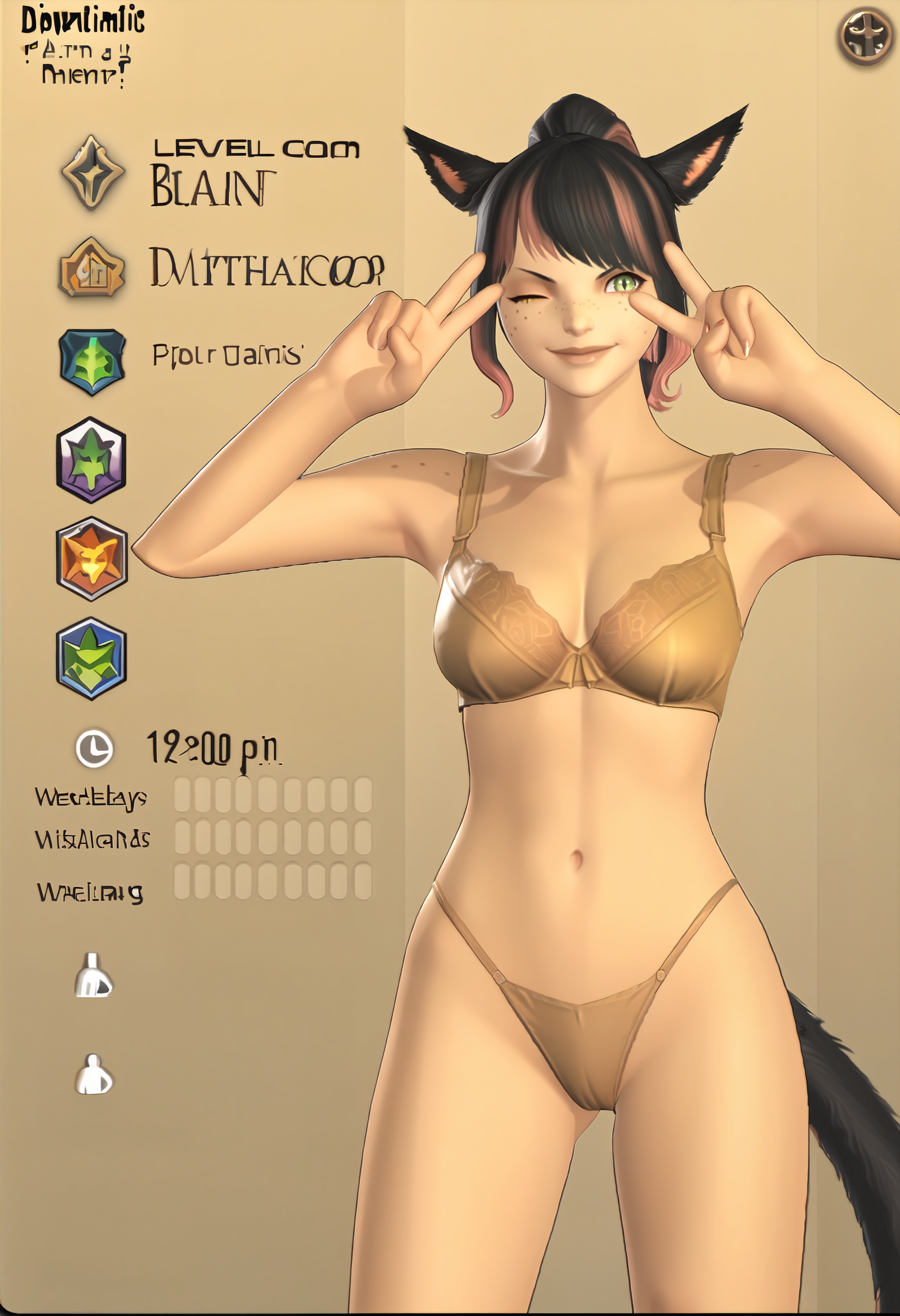 score_9, score_8_up, score_7_up BREAK XIVaPlate, english text, solo, 1girl, xivmc, animal ears, two-tone hair, ponytail, slit pupils, freckles, tail, large breasts, bra, thong, smile, wink, <lora:clamXIVMC_v30:1>  <lora:clamXIVaPlate_v10:0.9> <lora:VctryVsgDbl_pdxl_EliPot:0.9> bivgtsav, hands on own face,