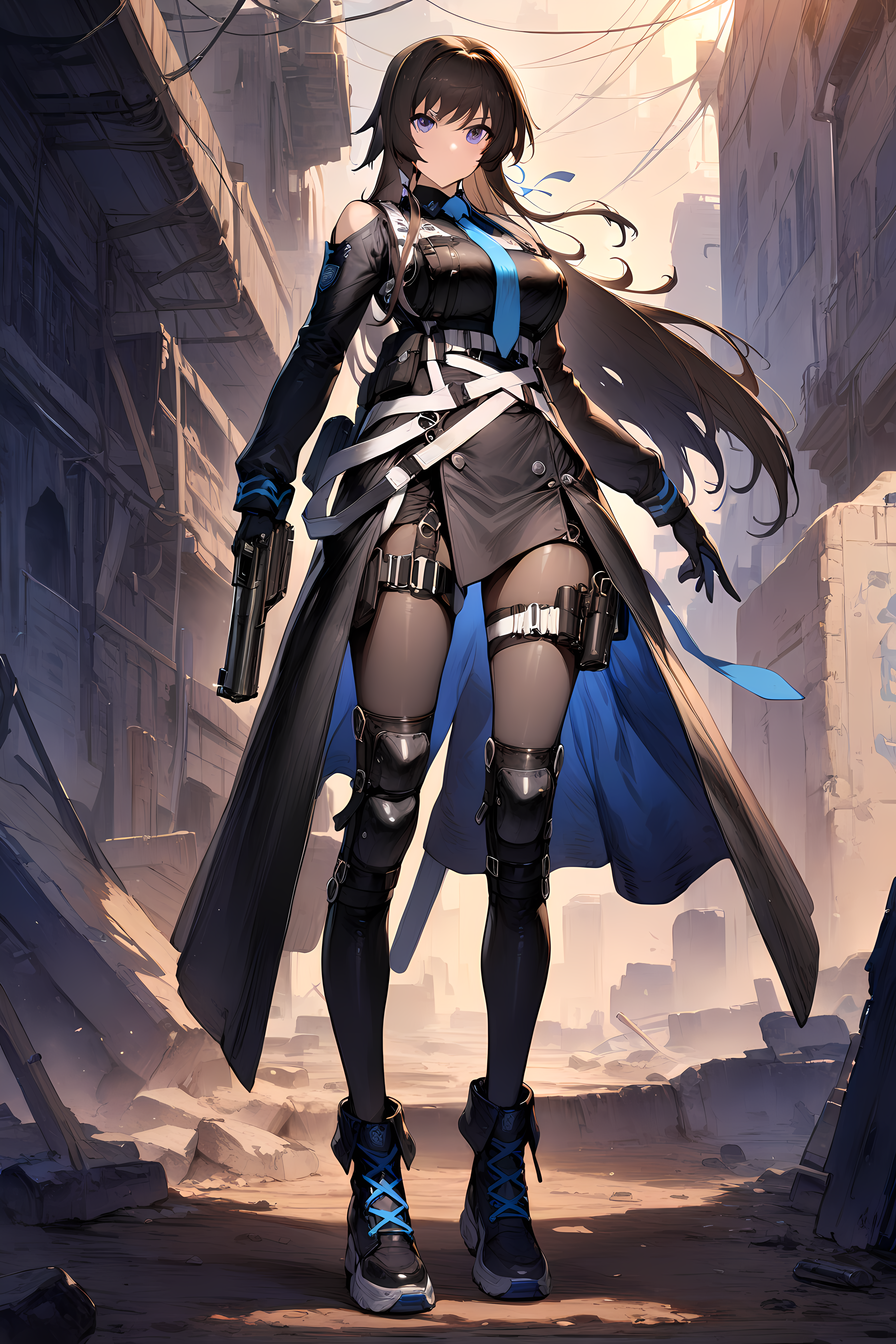 (masterpiece),(best quality),(ultra-detailed),(best illustration),(best shadow),(absurdres),(detailed background),(very aesthetic), takamura yui, 1girl, weapon, solo, gun, handgun, holding weapon, holding, long hair, necktie, gloves, militaryuniform, full body, <lora:Takamura_Yuiç¯_å¯ä¾_-_Muv_Luv_Dimensionsããã©ã´ãã£ã¡ã³ã·ã§ã³ãº_SDXL_Animagine_XL_3.1:1>