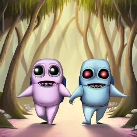 Two scary monsters with cute eyes are hiking with backpacks through a peaceful fairytale forest <lora:rob_sheridan_drawing_style-step00003000:1>