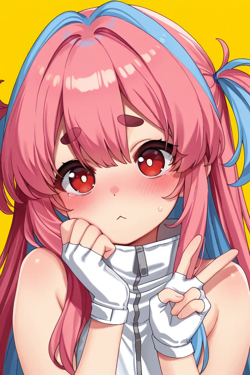 masterpiece, best quality, amazing quality,
<lora:Hayama_IL:1> hayamasalt, 1girl, solo, yellow background, gloves, fingerless gloves, v, multicolored hair, thick eyebrows, long hair, pink hair, white gloves, blush, :<, red eyes, simple background, two-tone hair, blue hair