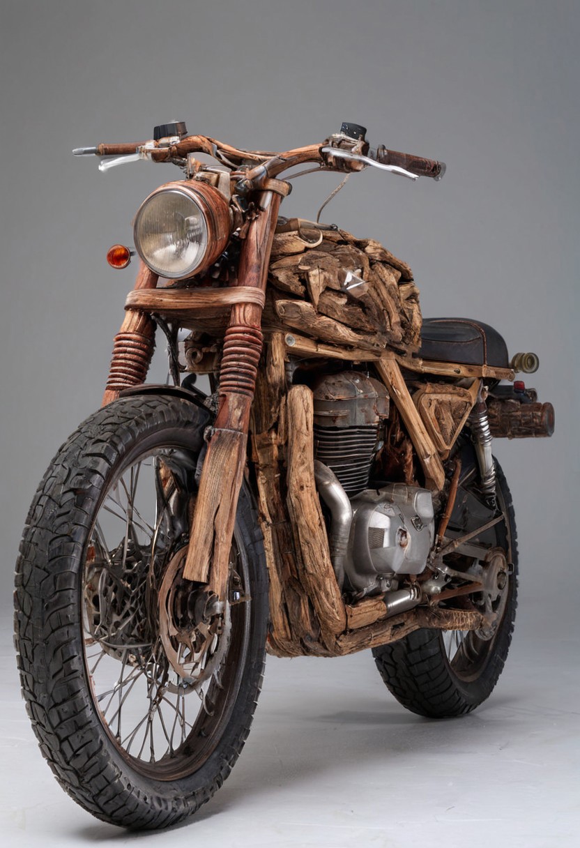 photograph of a motorbike made of oldwood, white studio background, hyper realistic, natural lighting, hyper detailed, natural color