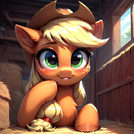 masterpiece, score_9, score_8_up, score_7_up, (best quality:1.1), ultra-detailed, high resolution, 1 girl, solo, pony, highly detailed macro illustration, Applejack smiling, blushing, hooves on face, Applejack, feral, female, mare, cute, long eyelashes, (((beautiful detailed eyes))), Long eyelashes, fluffy, ear fluff, long eyelashes, (cornering), taking cover, spying, marble wall, Highly Visible, (((8k))), sharp focus, perfect lighting, anatomically correct, extremely detailed, shine on body, (farm), barn in the background, high detail, cute face, Expressiveh, detailed background, OverallDetail, zPDXL2, <lora:Corneringv1:0.8>