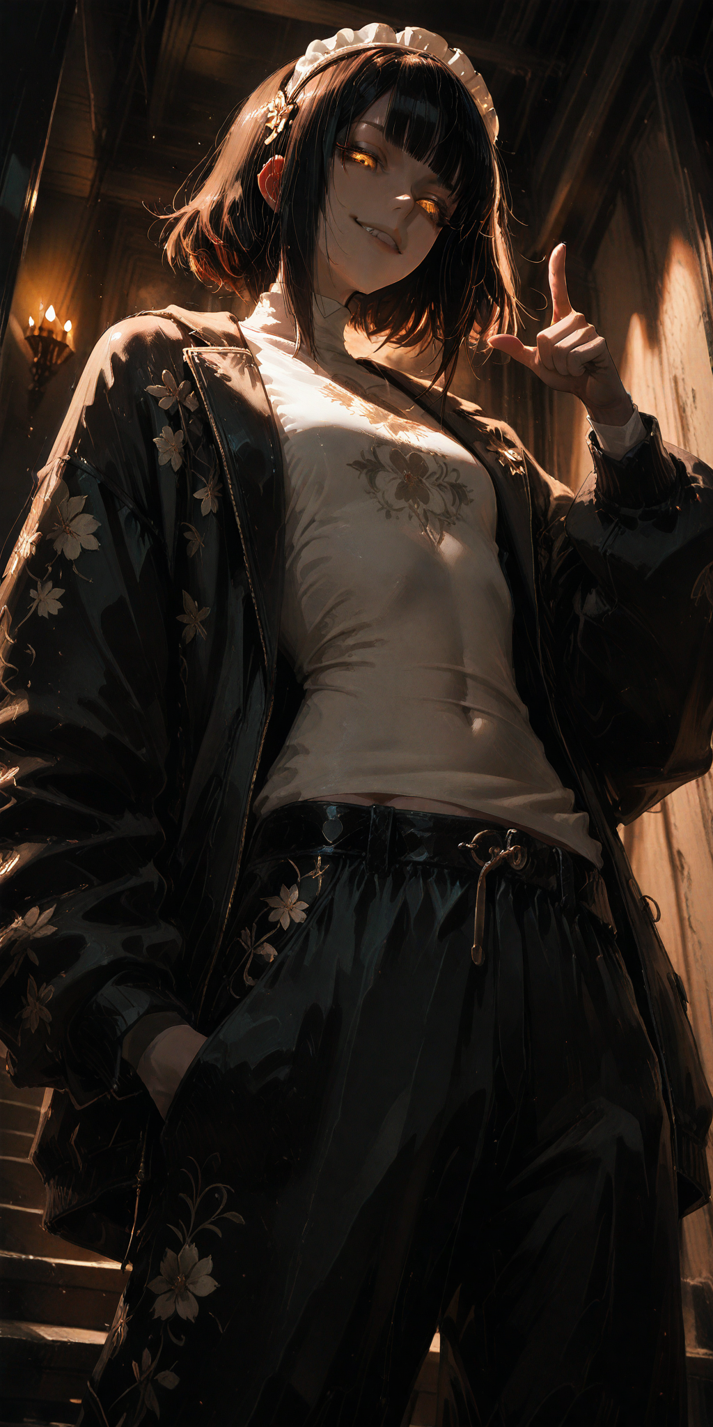 <lora:ponyv6_noobE11_2_adamW:1>,<lora:cfg_scale_boost:0.6>,<lora:Sinfully_Stylish_1.0_for_Illustrious:0.6>,masterpiece,best quality,very aesthetic,looking at viewer,luxury [thug] girl,baggy pants,baggy clothes,leather witt,open jacket,shirt,tiny undershirt,big eyes,Dumb hair,[photo \(medium\):0.8],RTX,cinematic light,light and shadow,skinny,rich girl,headdress,teen,Upward shooting,low angle,floral detail and pattern,dark theme,Pointing at Viewer,<lora:ç»ªå¿ åæ¶æå¾åå½±è´¨æå¢å¼ºV3:0.3>,XUER guangying,skinny,masterpiece,best quality,amazing quality,very aesthetic,absurdres,newest,naughty face,<lora:YTSKX-WAI:0.6>,hand in pocket,<lora:Aurastronger_SDXL:0.8>,<lora:add-detail-xl:0.7>,