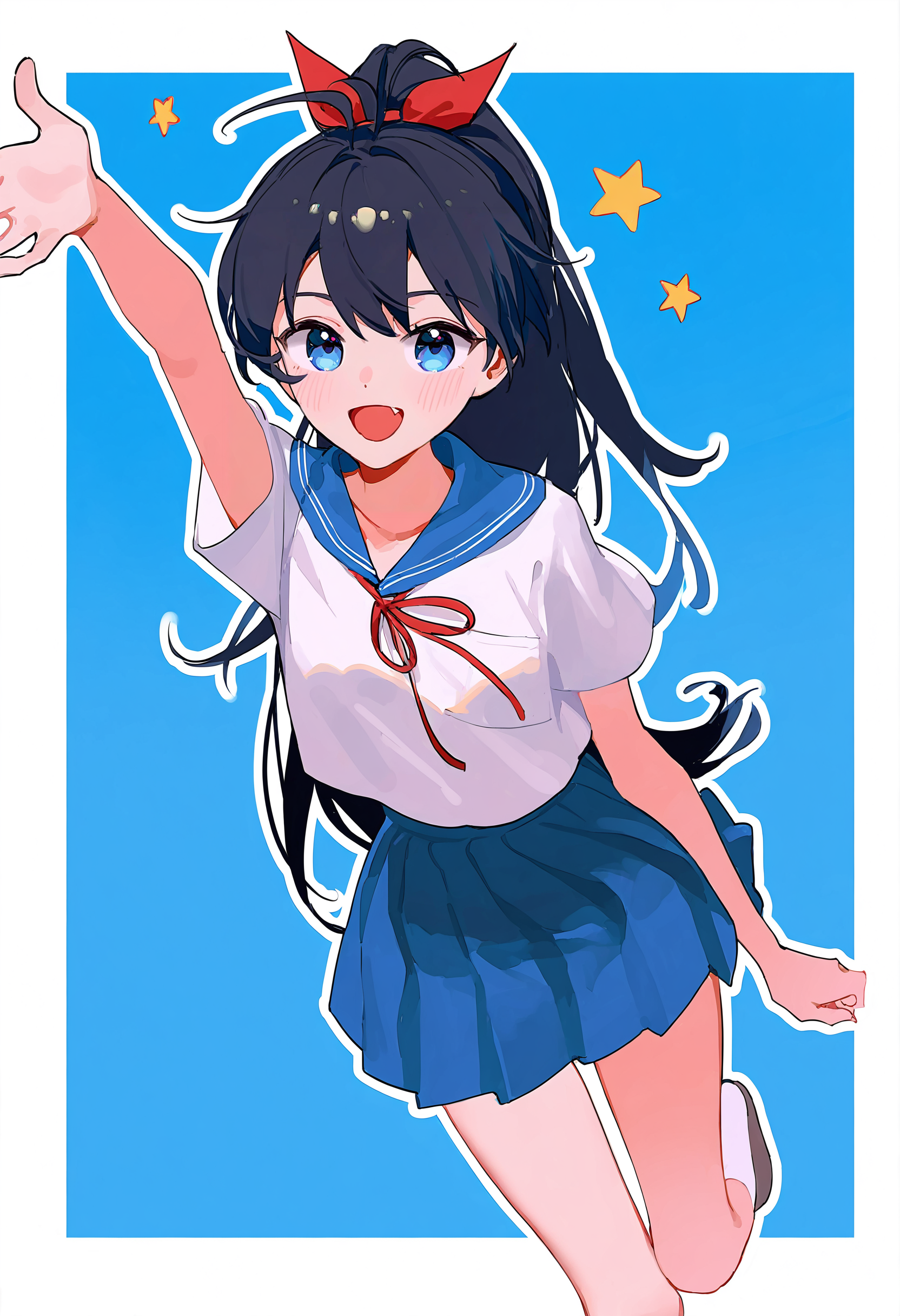 1girl,ganaha hibiki,solo,fang,skirt,school uniform,long hair,sailor collar,red ribbon,ribbon,starry background,white socks,smile,short sleeves,looking at viewer,shirt,open mouth,pleated skirt,blue sailor collar,arm up,blue skirt,standing on one leg,black hair,white shirt,socks,neck ribbon,standing,ponytail,collarbone,serafuku,blue eyes,antenna hair,white border,blue background,border,white outline,star (symbol),breast pocket,pocket,blush,outline,outside border,:d,kneehighs,breasts,leg up,high ponytail,dutch angle,dot nose,ahoge,summer uniform,hand up,
(tianliang duohe fangdongye:0.6),(wlop:0.3),(ciloranko:0.4),(kani biimu:0.3),(ningen mame:0.6),
masterpiece,best quality,year 20234,newest,highres,absurdres,