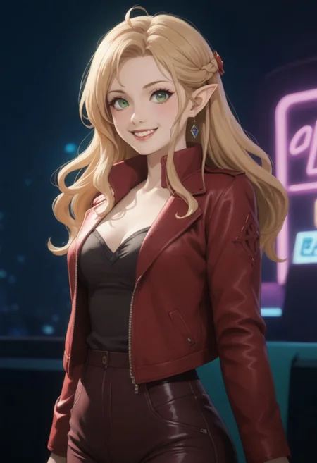 score_9, score_8_up, score_7_up , 1girl, solo, long hair, pink hair ribbon, cowboy shot, nightclub, neon lights, bokeh, depth of field, blush, happy, makeup, open leather jacket, red leather high waist pants, signora, Robina, long hair, hair between eyes, green eyes, pointy ears, elf, blonde hair, ahoge, Cyberpunk.