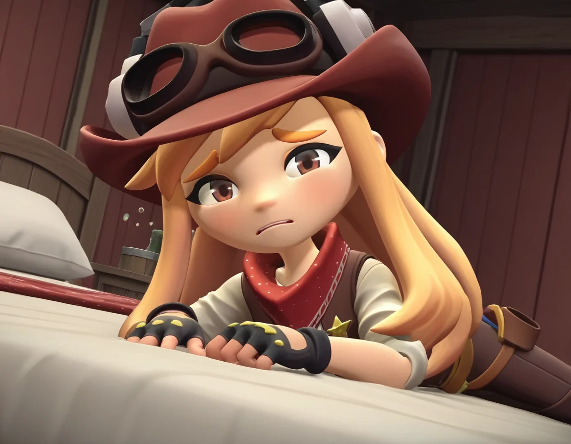 score_9, score_8_up, score_7_up, source_anime,
meggyspletzer, <lora:meggy-spletzer-ponyxl-lora-nochekaiser:1>,
meggy spletzer, long hair, blonde hair, brown eyes, 3d,
gloves, hat, pants, fingerless gloves, eyewear on head, cowboy hat, cowboy western,
indoors, bed, bed room, on side, blush, drunk,
looking at viewer, cowboy shot, dutch angle, solo,