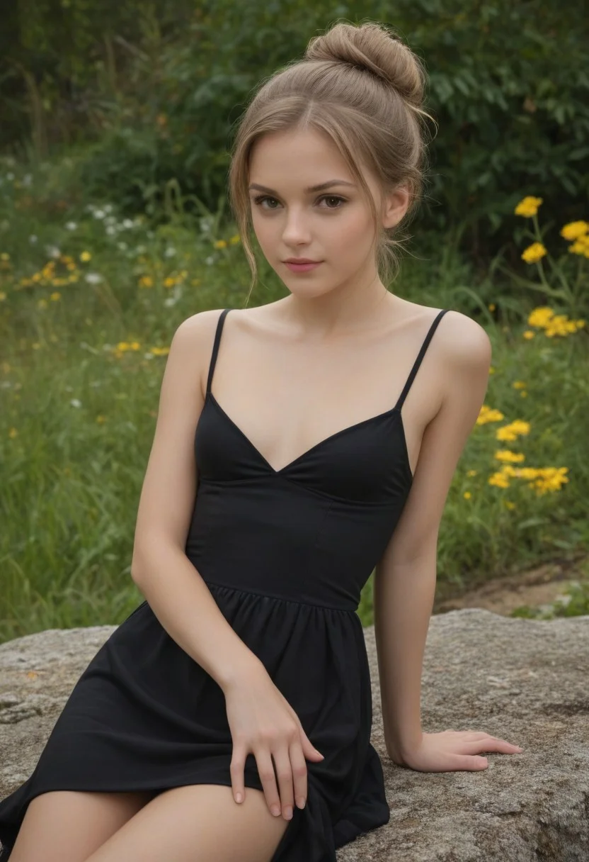 realistic photograph, realistic, photo, 8k, high quality photo, 1girl, german, petite, short, slender, small waist, black dress with spaghetti straps, makeup, brown eyes, light brown hair, straight hair, messy bun, tendrils, brown eyes, pubic hair, grabbing own crotch, outdoors, low light, golden hour,