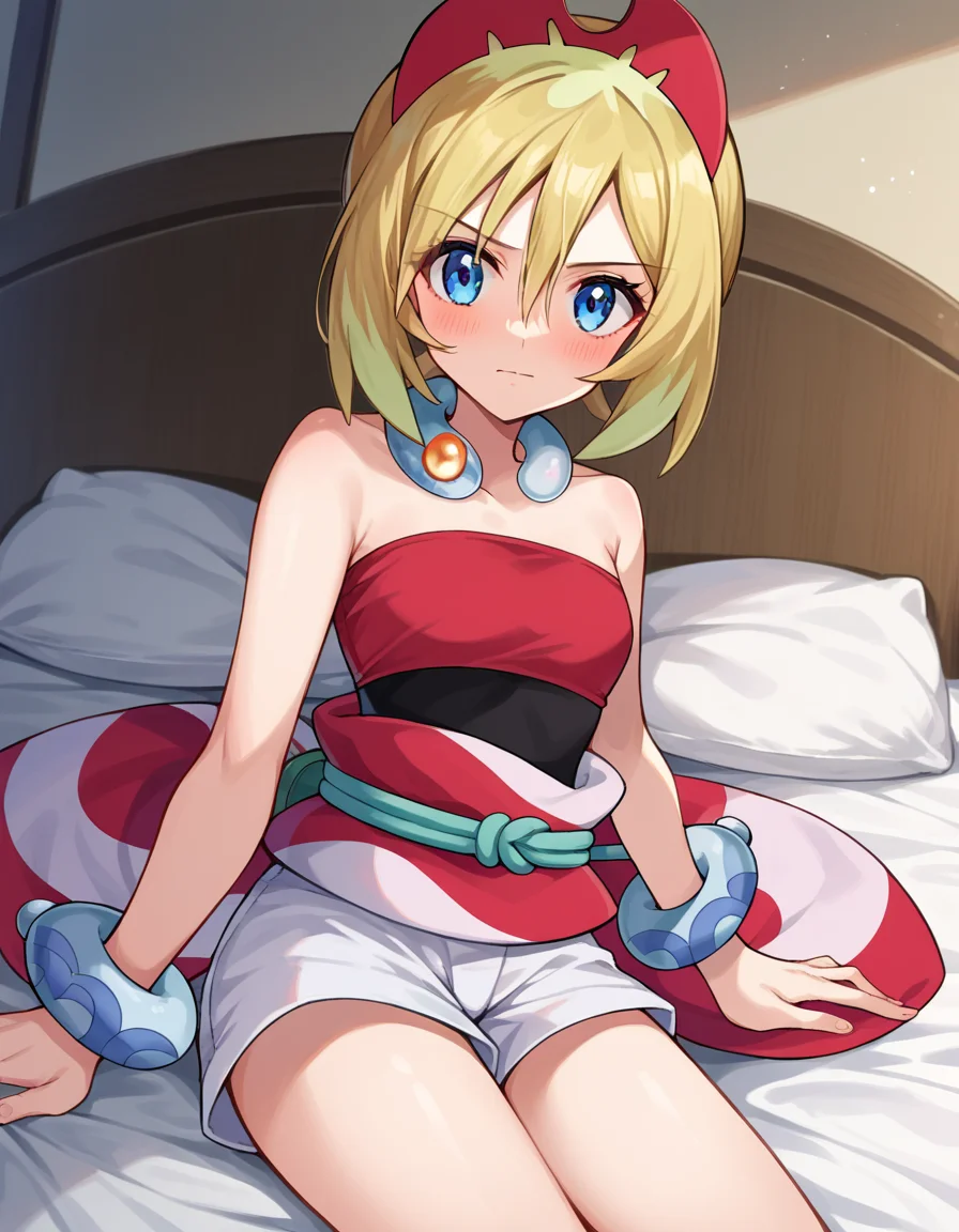 score_9, score_8_up, score_7_up, source_anime,
pokemonirida, <lora:pokemon-irida-ponyxl-lora-nochekaiser:1>
pokemonirida, blonde hair, blue eyes, hair between eyes, medium hair,
bracelet, hat, jewelry, neck ring, red headwear, red shirt, sash, shirt, shorts, strapless, strapless shirt, waist cape, white shorts,
indoors, bed, bed room, on side, blush, drunk,
looking at viewer, cowboy shot, dutch angle,