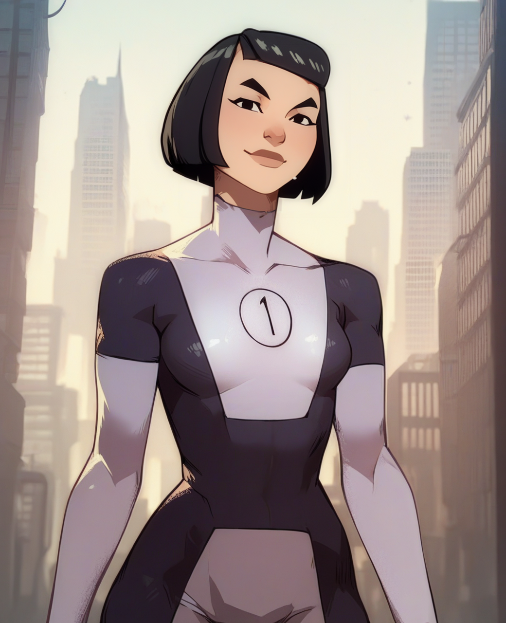 score_9,score_8_up,score_7_up,score_6_up,
dkatexl,black hair,bob cut,black eyes,
skin tight,bodysuit,looking at viewer,
light smile,hip,standing,
city,
<lora:DKatexl:1>,