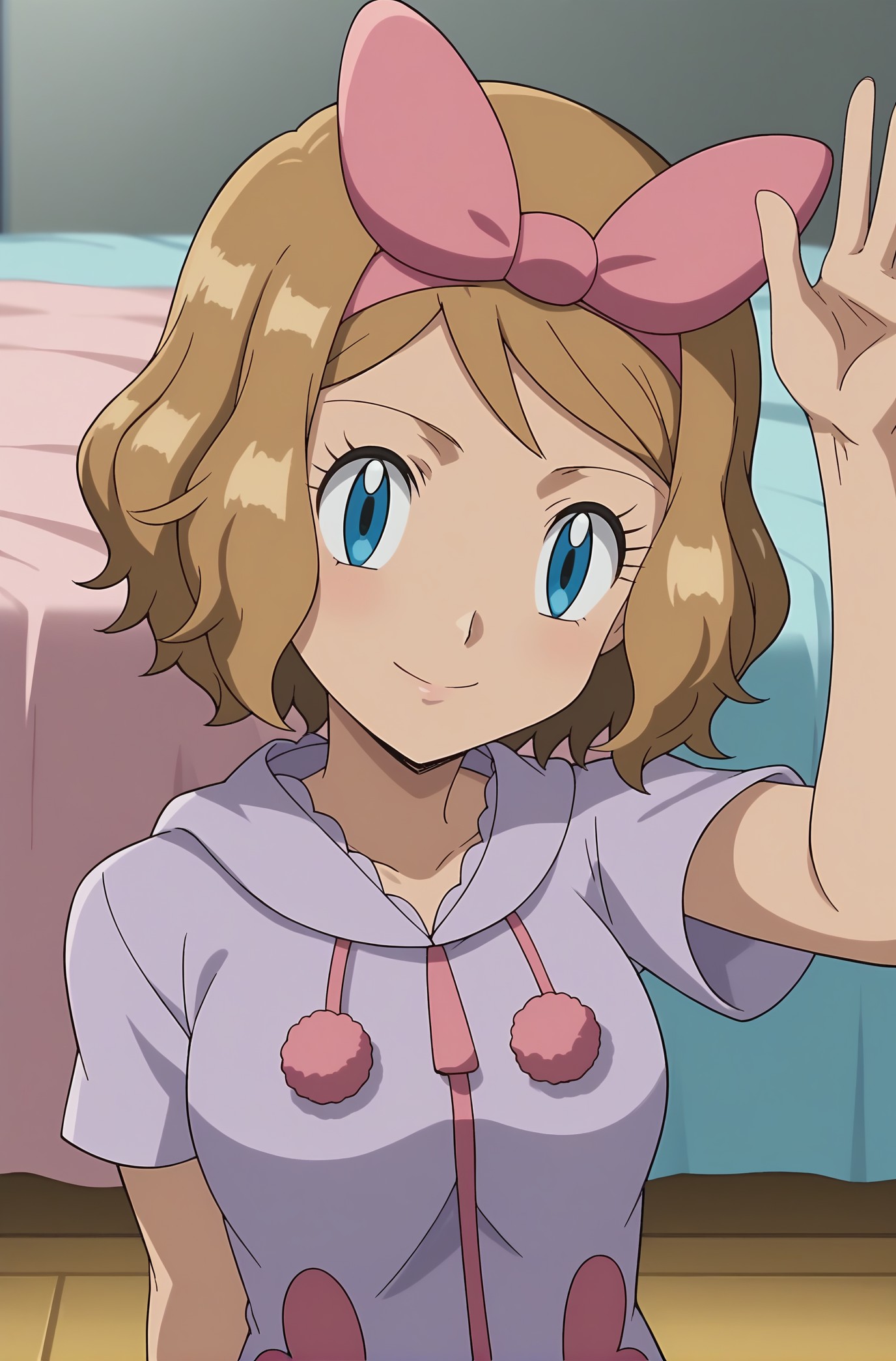 score_9, score_8_up, score_7_up, source anime, anime, animification, anime screencap, anime coloring, vivid colors, shiny skin, skindentation, deep skin, depth of field, high quality, highres, (dynamic angle,dynamic pose),
serenapajamas, 1girl, solo, looking at viewer, smile, short hair, blue eyes, brown hair, shirt, bedroom, ribbon, closed mouth, upper body, short sleeves, hairband, shiny, shiny hair, eyelashes, transparent background, pink bow, purple shirt, pink hairband, serena \(pokemon\)
BREAK
masterpiece,high quality
 <lora:Serena_Pajamas_XL:0.9>
