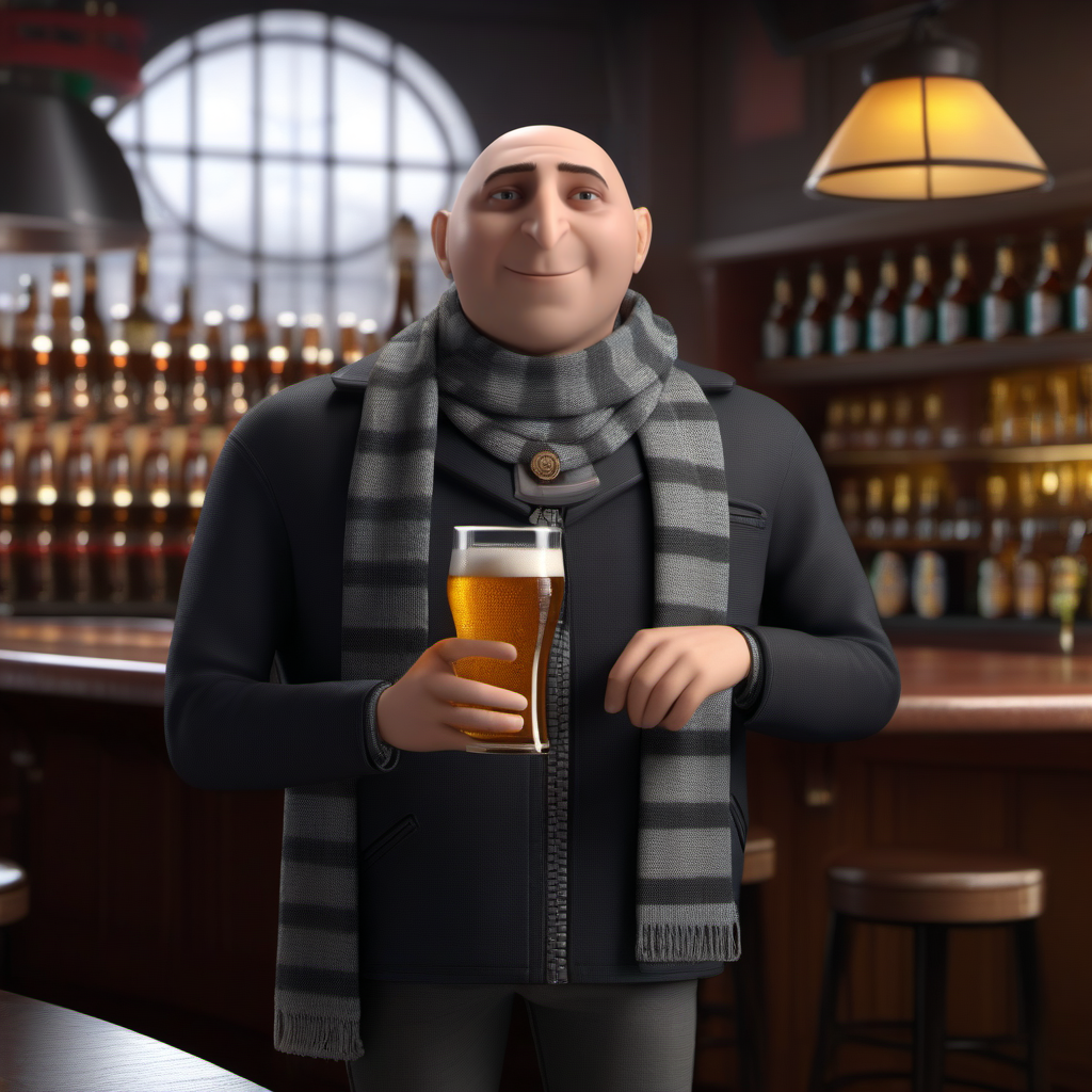 professional 3d model a full body portrait bald man, scarf, having a beer in a pub  <lora:Gru1024:0.8> . octane render, highly detailed, volumetric, dramatic lighting