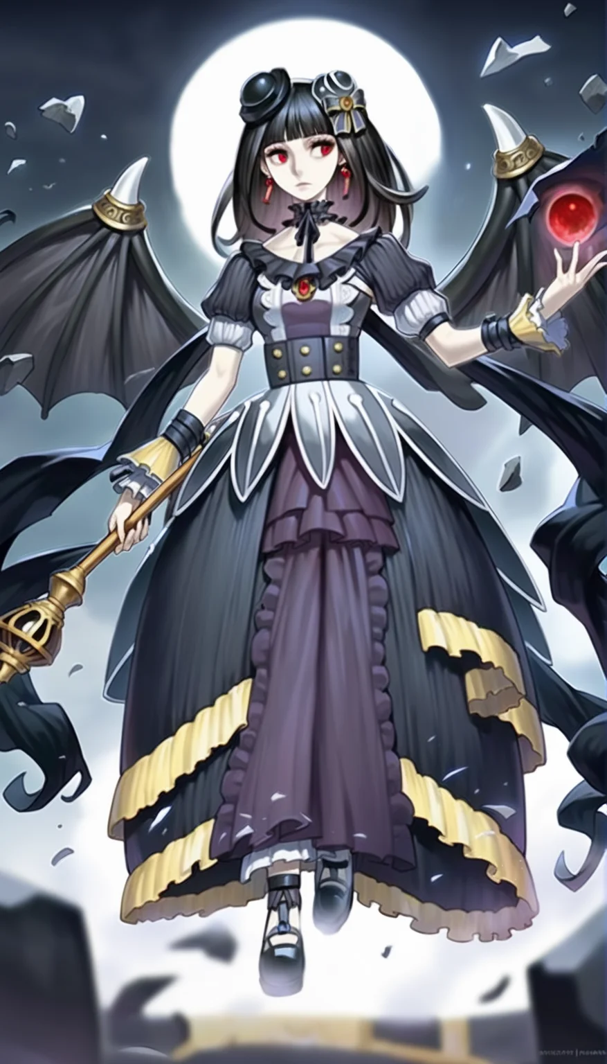 score_9,score_8_up,score_7_up,
<lora:underworldgoddess:1>,underworldgoddess,moon of the closed heaven,1girl,solo,pale skin,black hair,blunt bangs,red eyes,looking to the side,facing viewer,hair ornament,earrings,black neckerchief,black ribbon,intricate frills and lace,jewelry,gothic attire,victorian-inspired dress,black long strap,puffy sleeves,detached sleeves,black footwear,full body,holding a staff,outdoors,blurred background,total solar eclipse,dark wings in the background,dragon-like shadowy figure behind her,shattered particle effects,glowing light effects,surreal atmosphere,magical aura,