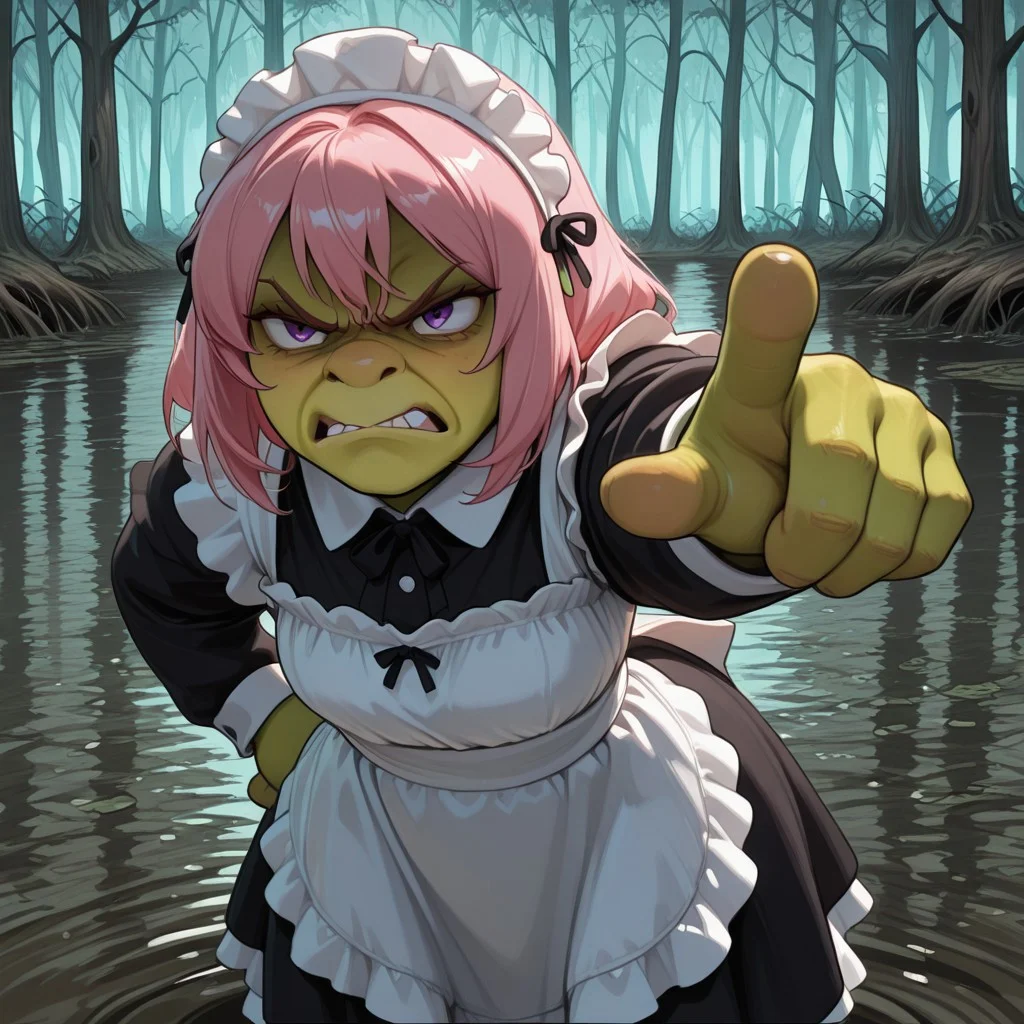 masterpiece,best quality,anime,shrek, solo, green skin,CivChan,purple eyes,pink hair,maid dress,angry,pointing,outdoors,cowboy shot,swamp,water,trees