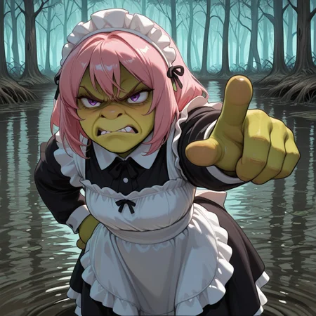 masterpiece,best quality,anime,shrek, solo, green skin,CivChan,purple eyes,pink hair,maid dress,angry,pointing,outdoors,cowboy shot,swamp,water,trees