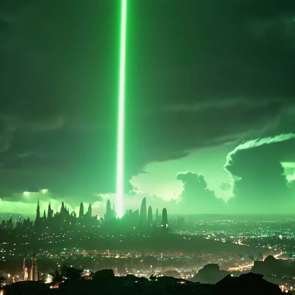 cinematic film still of  <lora:star wars style v2:0.3>
<lora:detailed:0.4> detailed
<lora:perfection style:0.4> perfect
<lora:PerfectEyesXL:0.5>
<lora:Chiaroscuro Lighting Style:0.3>
 <lora:Death Star:0.8>
Death Star a green leaser weapon beam light is shining over a city destroying everything on groun,outdoors,sky,cloud,no humans,night,glowing,moon,night sky,scenery,science fiction,crescent moon , star wars style, shallow depth of field, vignette, highly detailed, high budget, bokeh, cinemascope, moody, epic, gorgeous, film grain, grainy