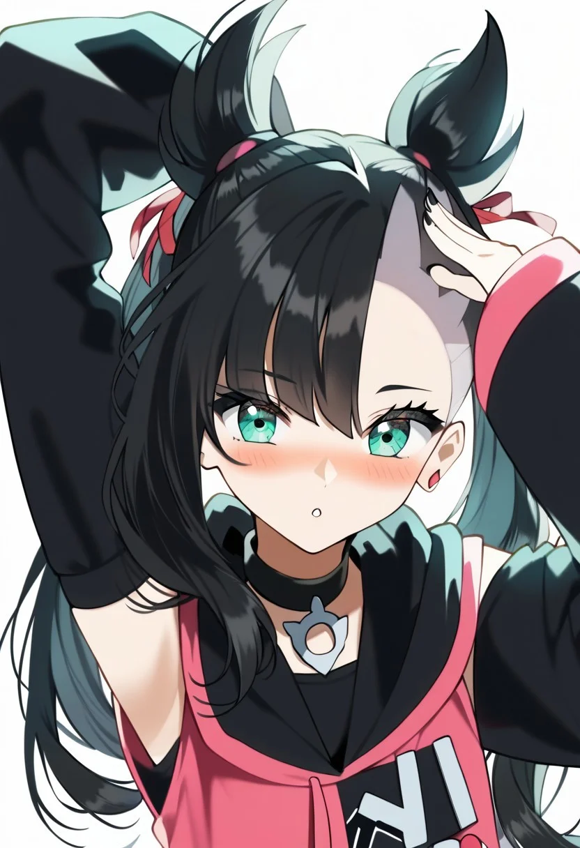 score_9, score_8_up, score_7_up, source_anime, hi res, masterpiece, best quality, highres, rkanime_ps, 1girl, solo, black hair, bangs, white background, hood, blush, looking at viewer, cosplay, choker, asymmetrical bangs, red ribbon, detached sleeves, ribbon, simple background, black choker, hair ribbon, upper body, jewelry, earrings, sleeves past wrists, arm up, sleeveless hoodie, long hair, long sleeves, hoodie, parted lips, alternate costume, green eyes, ChopioMarnie, black hair, medium hair, twintails, undercut, pink hair ribbon, asymmetrical bangs, aqua eyes, eyelashes, pink earrings, looking at viewer, black nail polish,