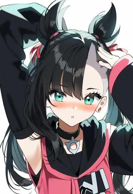 score_9, score_8_up, score_7_up, source_anime, hi res, masterpiece, best quality, highres, rkanime_ps, 1girl, solo, black hair, bangs, white background, hood, blush, looking at viewer, cosplay, choker, asymmetrical bangs, red ribbon, detached sleeves, ribbon, simple background, black choker, hair ribbon, upper body, jewelry, earrings, sleeves past wrists, arm up, sleeveless hoodie, long hair, long sleeves, hoodie, parted lips, alternate costume, green eyes, ChopioMarnie, black hair, medium hair, twintails, undercut, pink hair ribbon, asymmetrical bangs, aqua eyes, eyelashes, pink earrings, looking at viewer, black nail polish,