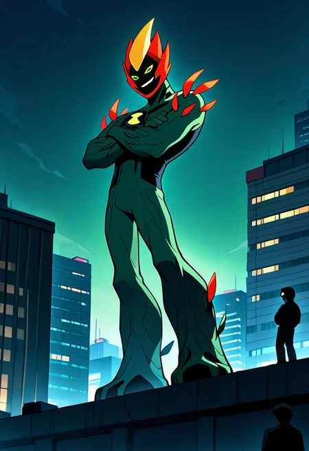 masterpiece, best quality, amazing quality, very aesthetic, absurdres, newest,
swampfire, colored skin, spikes, colored sclera, 1boy, green skin, green eyes, pokemon (creature), shoulder spikes, no humans, smile, green background, smiling,,
standing on building, night time, glowing eyes, from bottom, crossed arms, night city, sky scrapers