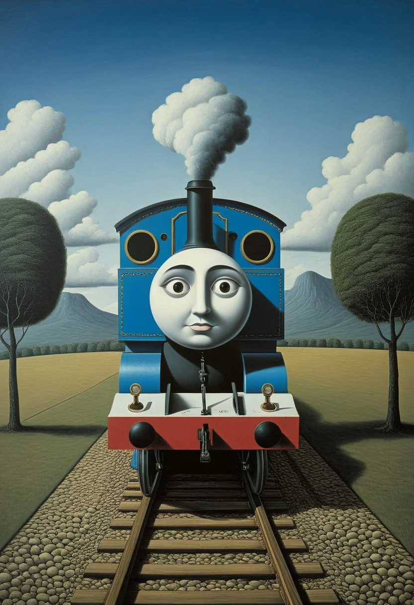 Thomas the Tank Engine.
Style tags: Surrealist art, Rafal Olbinski, René Magritte, Jean Arp, Frida Kahlo, Jan van Eyck, William Hogarth, Pierre-Auguste Renoir, Xidong Luo, Kazimir Malevich, nvcmsdx, dunn, traditional media, abstract, painting (medium)