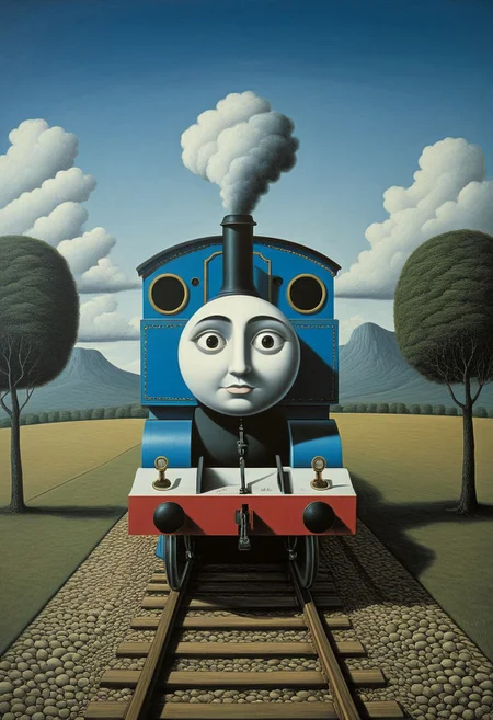 Thomas the Tank Engine.
Style tags: Surrealist art, Rafal Olbinski, René Magritte, Jean Arp, Frida Kahlo, Jan van Eyck, William Hogarth, Pierre-Auguste Renoir, Xidong Luo, Kazimir Malevich, nvcmsdx, dunn, traditional media, abstract, painting (medium)