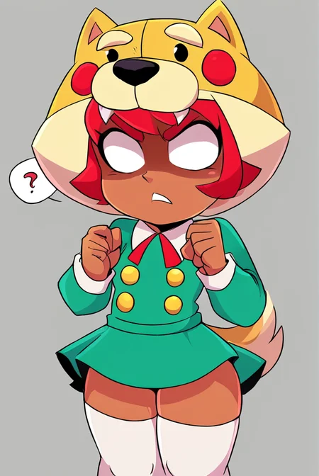 score_9, score_8_up, score_7_up, <lora:shinita:1> shinita , 1 girl , dark-skinned female, red hair, no pupils, green dress ,long sleeves, solo ,white thighhighs, red ribbon, shaded face, ,dog headwear , confused, looking at viewer, randoseru, heart, <lora:torule_style:1>torule style ,by torule ,
