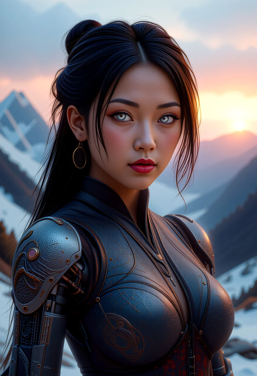 In a serene post-apocalyptic world, a young asian woman, a vision of ninjapunk elegance, stands amidst a snowy landscape as the dawn sun peaks over the mountain range. Her olive skin and long dark hair frame her striking features, enhanced by mechanical_arms and mystical makeup. Her captivating eyes, one a dimly lit mechanical eye, the other a natural gray-blue eye, add to her ethereal beauty. Her wide mouth and full lips make her captivating. She wears a traditional garment, ornate with intricate chinese dragons on the top of her mechanical_arms, her outfit a variation of dark pastel_colors, a testament to ancient cultures. <lora:art and styles/MysticFantasy.safetensors:1.0>, <lora:flux/flux_realism_lora.safetensors:1.0>,