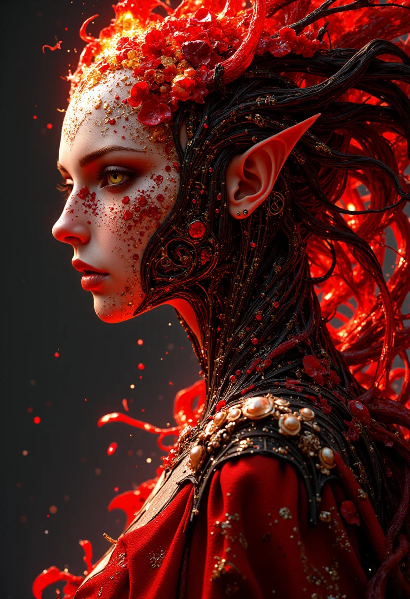 a fantasy character in a side profile. The subject is a humanoid figure with pale skin and striking, elongated elf-like ears. The character's face is adorned with intricate red and gold embellishments, resembling gemstones and ornate patterns. Fiery red hair flows dramatically, appearing almost flame-like, with bright highlights and dynamic movement. The eyes are a vivid yellow, adding an intense gaze. The attire is richly detailed, with a high collar and elaborate designs incorporating pearls and metallic elements. The background is dark, enhancing the vibrant reds and golds of the character, creating a dramatic contrast and emphasizing the fantastical theme of the artwork.
<lora:FluxMythP0rtr4itStyle:0.6> <lora:flux.1_lora_flyway_Epic-Characters_v1:0.6> <lora:Elden_Ring_-_Yoshitaka_Amano:0.33>
