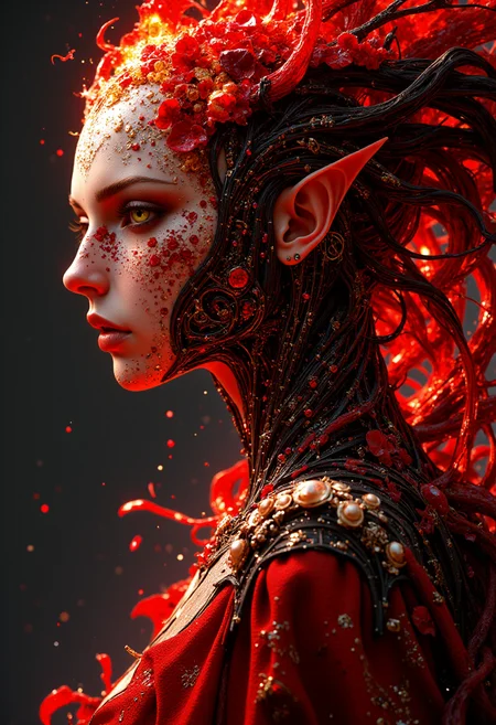 a fantasy character in a side profile. The subject is a humanoid figure with pale skin and striking, elongated elf-like ears. The character's face is adorned with intricate red and gold embellishments, resembling gemstones and ornate patterns. Fiery red hair flows dramatically, appearing almost flame-like, with bright highlights and dynamic movement. The eyes are a vivid yellow, adding an intense gaze. The attire is richly detailed, with a high collar and elaborate designs incorporating pearls and metallic elements. The background is dark, enhancing the vibrant reds and golds of the character, creating a dramatic contrast and emphasizing the fantastical theme of the artwork.
<lora:FluxMythP0rtr4itStyle:0.6> <lora:flux.1_lora_flyway_Epic-Characters_v1:0.6> <lora:Elden_Ring_-_Yoshitaka_Amano:0.33>