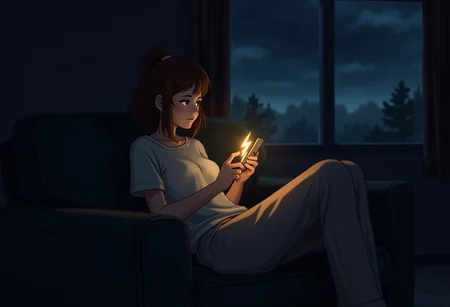 Anime style. A young woman sits back on a couch in a tshirt and pants, looking at her phone. The room and decor is dull, oppressive, depressing and gray, through a windows we see a dark cloudy day. We see the phone screen clearly over her shouler. On the screen is an icon of a lightning bolt. The warm light from the screen brightens the woman's face and immediate surroundings, like a ray of hope and joy. Her face is hopeful.
At the bottom of the screen is written: "Buzz brightens her day"